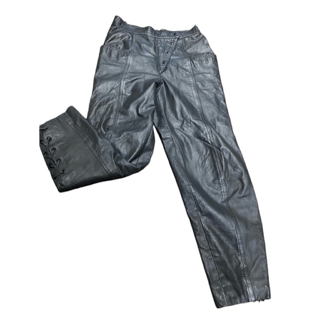 GRAY high waisted leather pant. Pocket and criss cross front size 42 lace